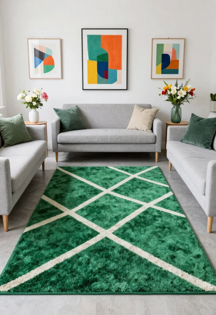 16 Green Rug Living Room Ideas: Fresh Natural Accent - 13. Bold Geometric Patterns 1