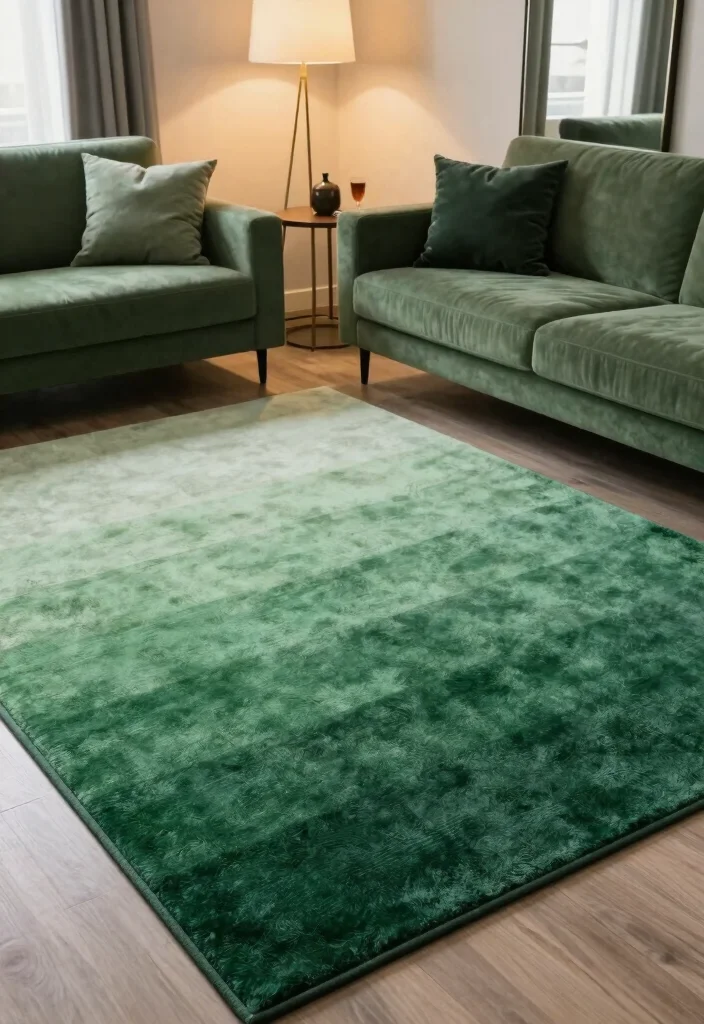 16 Green Rug Living Room Ideas: Fresh Natural Accent - 14. Harmonious Ombre Design 1