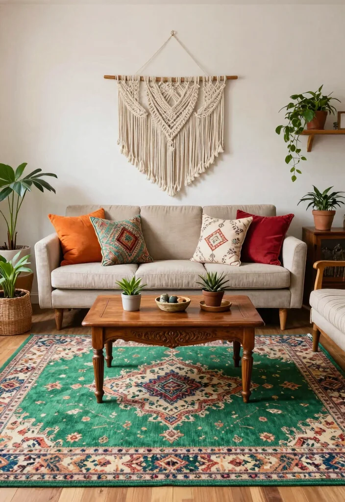 16 Green Rug Living Room Ideas: Fresh Natural Accent - 4. Chic Boho Vibes 1