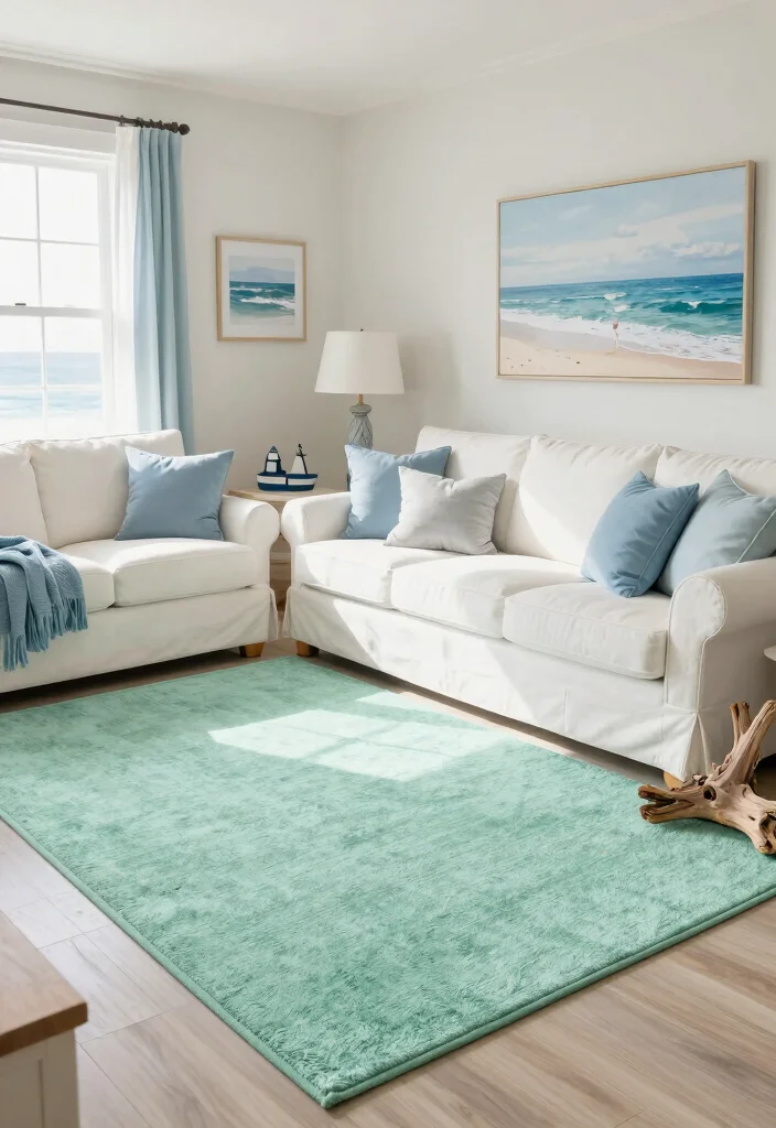 16 Green Rug Living Room Ideas: Fresh Natural Accent - 7. Coastal Charm with Seafoam 1