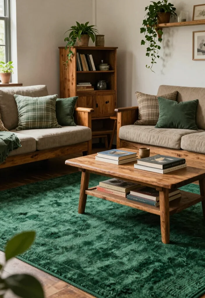 16 Green Rug Living Room Ideas: Fresh Natural Accent - 8. Rustic Green Retreat 1