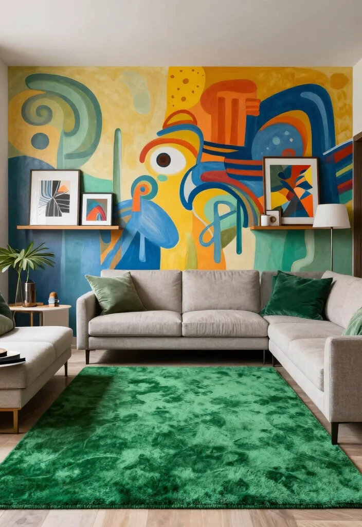 16 Green Rug Living Room Ideas: Fresh Natural Accent - 9. Artistic Accent Wall 1