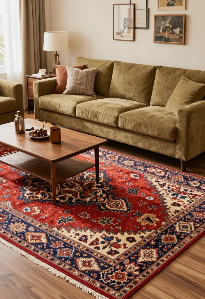 16 Khaki Sofa Living Room Ideas: Neutral Easy Styling - 12. Incorporate a Statement Rug 1