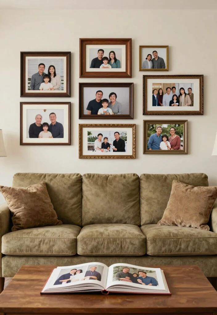 16 Khaki Sofa Living Room Ideas: Neutral Easy Styling - 14. Personal Touches with Photographs 1