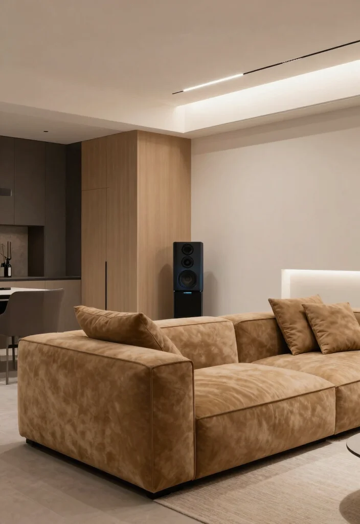 16 Khaki Sofa Living Room Ideas: Neutral Easy Styling - 15. Incorporating Technology Elegantly 1