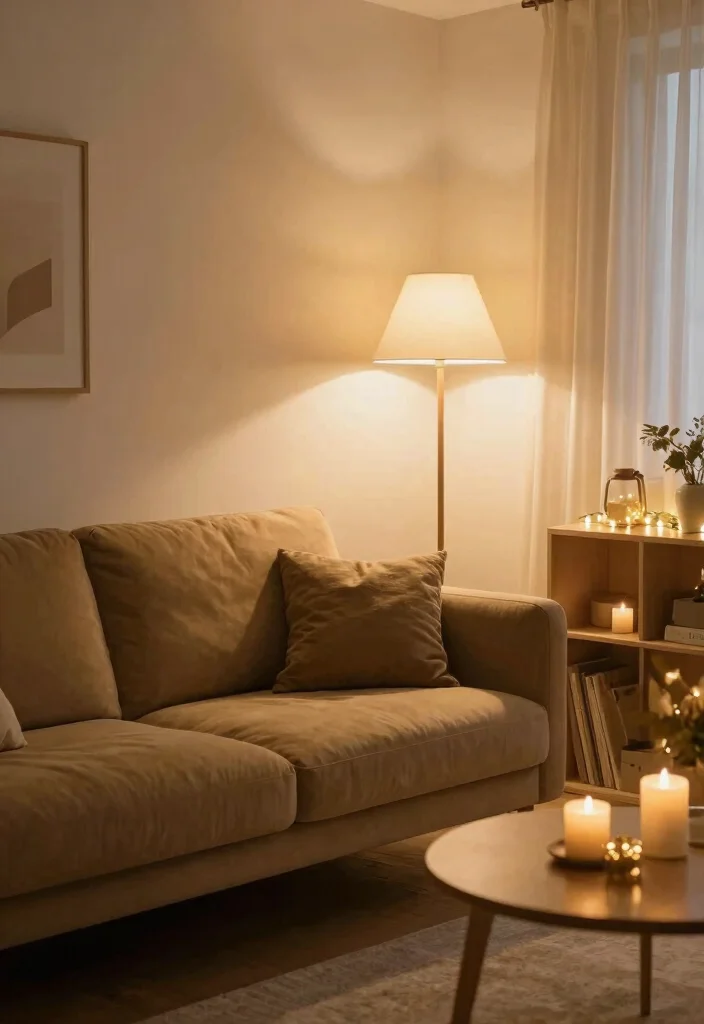 16 Khaki Sofa Living Room Ideas: Neutral Easy Styling - 4. Soft Lighting Accents 1