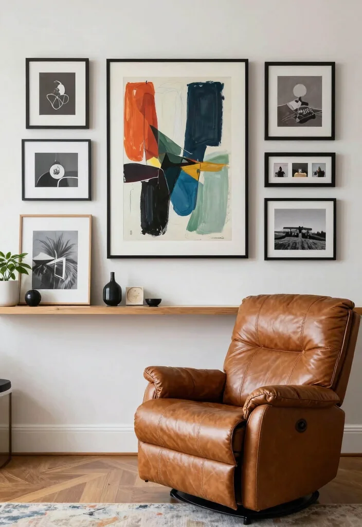 16 Leather Recliner Living Room Decor Ideas: Comfort Meets Style - 14. Layered Artwork 1
