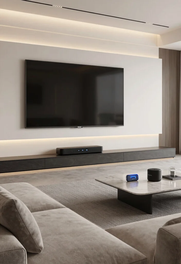 16 Low Sofa Living Room Ideas for a Relaxed Modern Vibe - 15. Smart Tech Integration 1