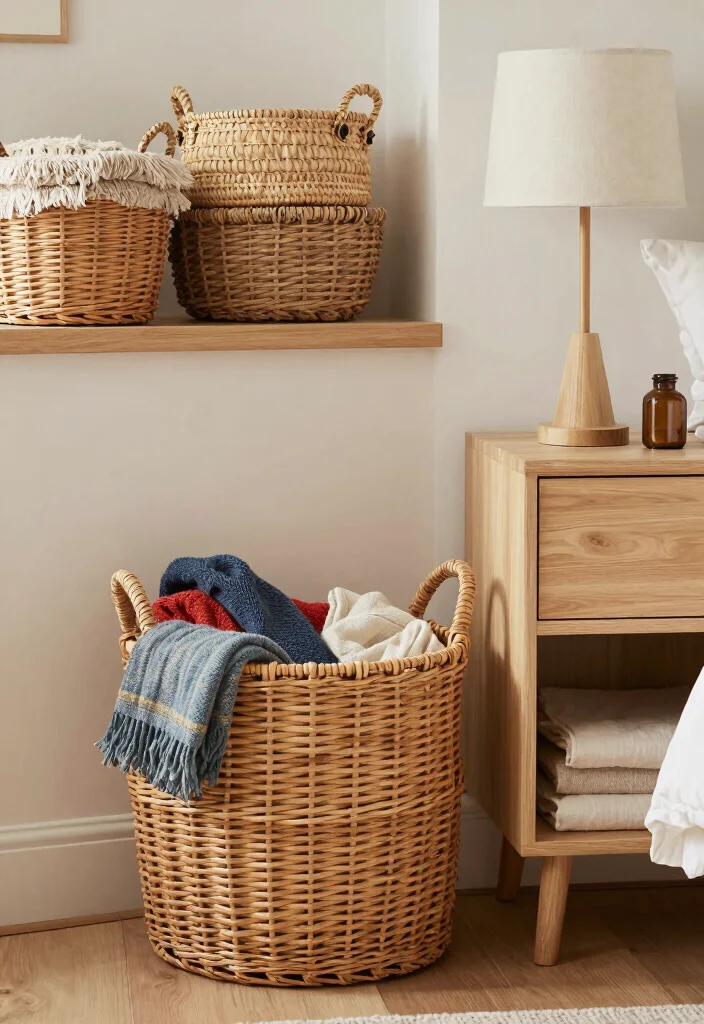 16 No Dresser Bedroom Ideas: Clever Storage Alternatives - 3. Decorative Baskets 1