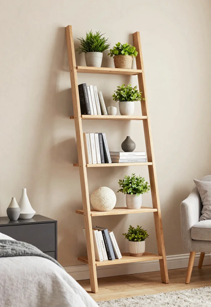16 No Dresser Bedroom Ideas: Clever Storage Alternatives - 8. Ladder Shelves 1