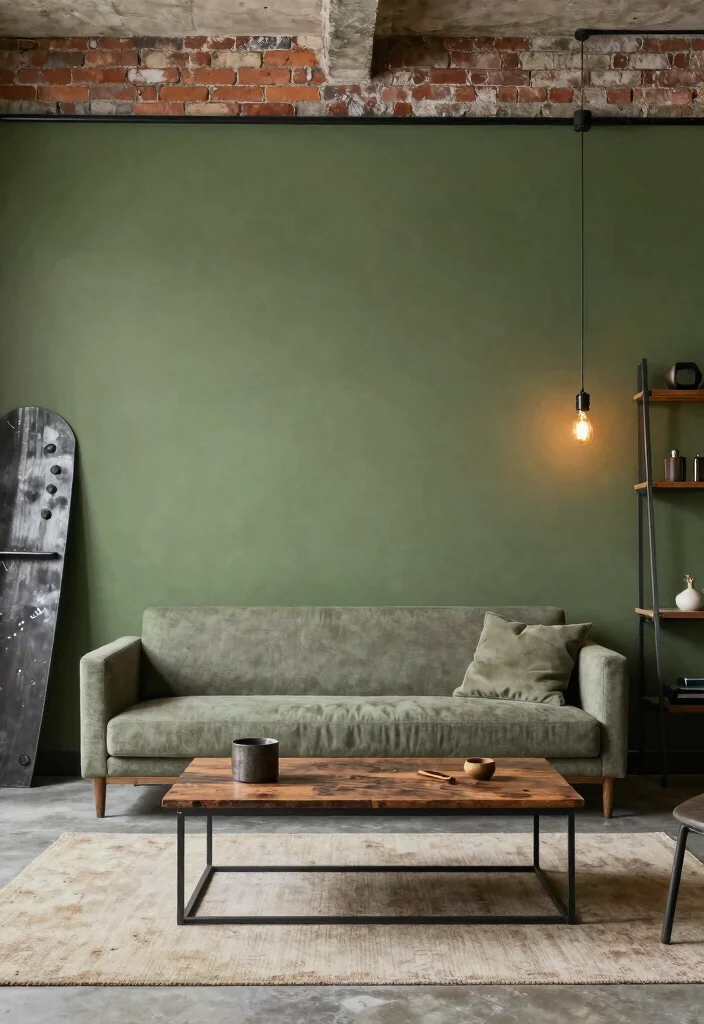 16 Olive Green Accent Wall Living Room Ideas Earthy Chic - 13. Industrial Edge 1