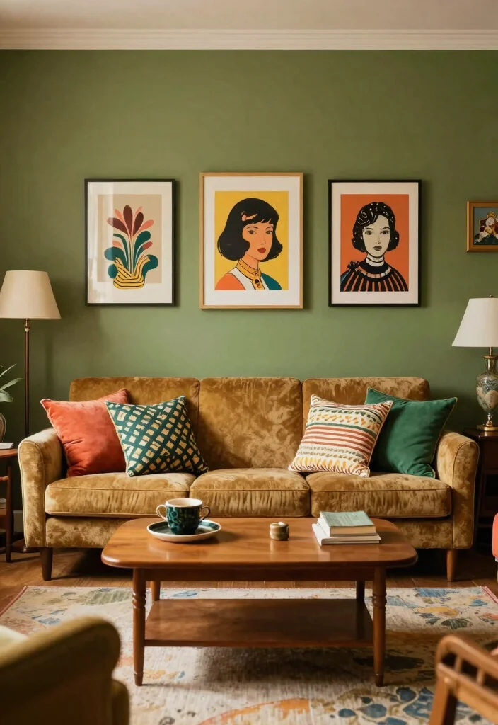16 Olive Green Accent Wall Living Room Ideas Earthy Chic - 14. Retro Revival 1