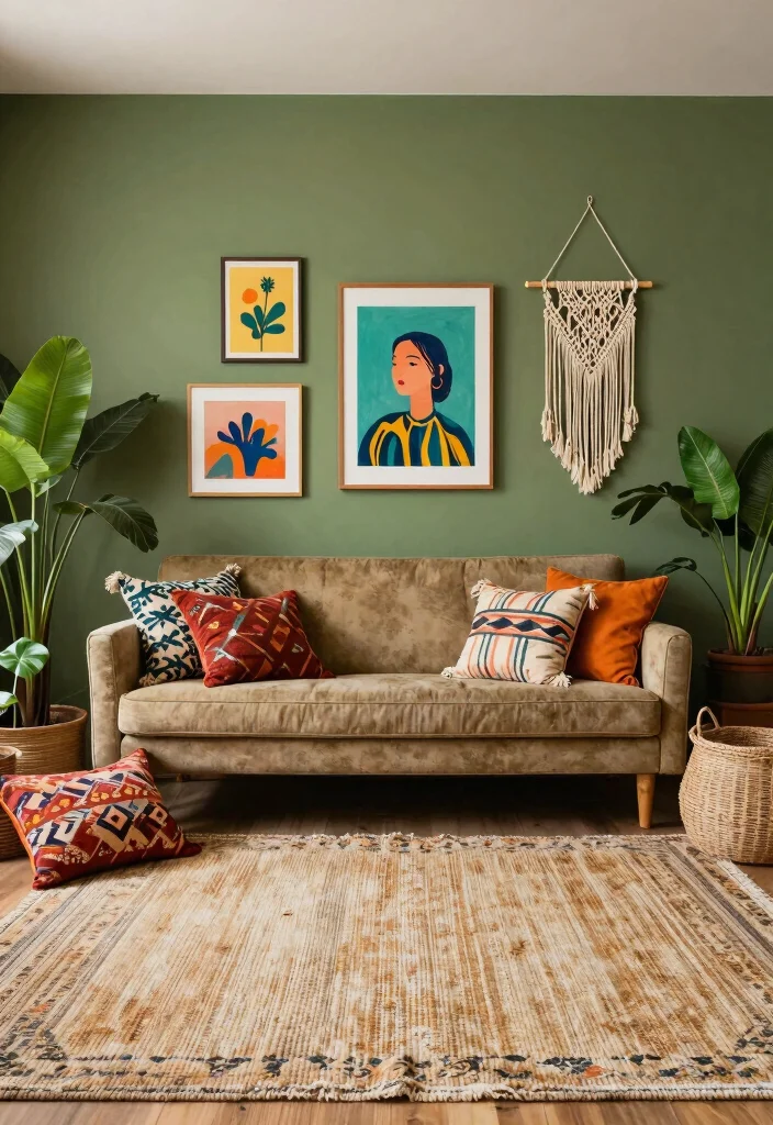 16 Olive Green Accent Wall Living Room Ideas Earthy Chic - 2. Bohemian Bliss 1
