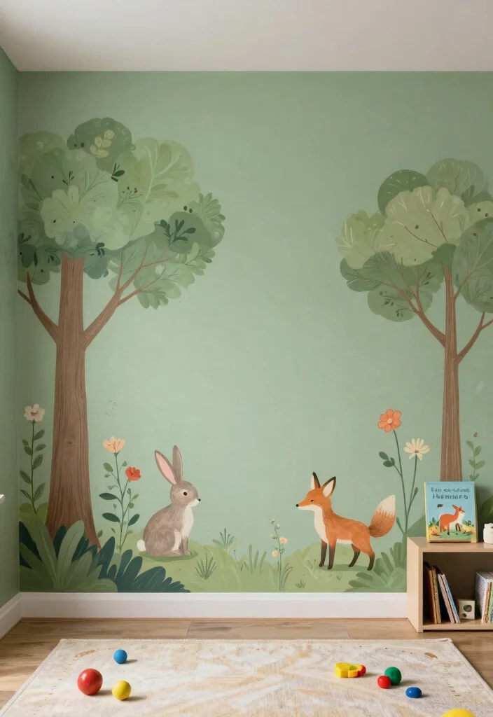 16 Sage Green Kids Bedroom Ideas for a Calm and Playful Style - 1. Nature-Inspired Wall Murals 1