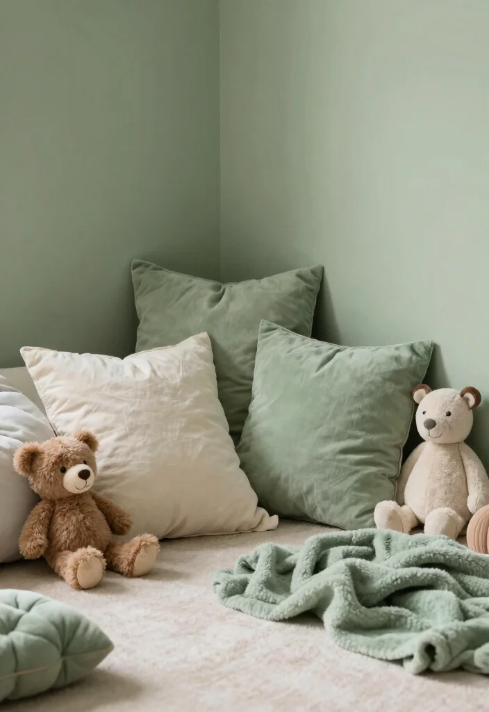 16 Sage Green Kids Bedroom Ideas for a Calm and Playful Style - 13. Soft Play Textiles 1