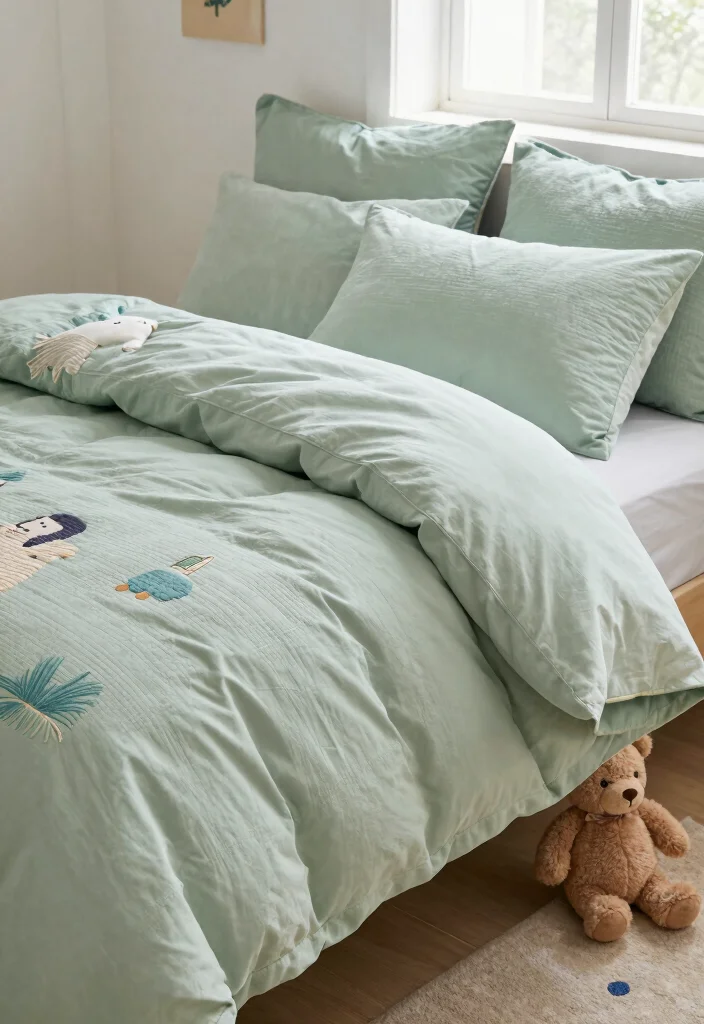 16 Sage Green Kids Bedroom Ideas for a Calm and Playful Style - 6. Soft Bedding Essentials 1