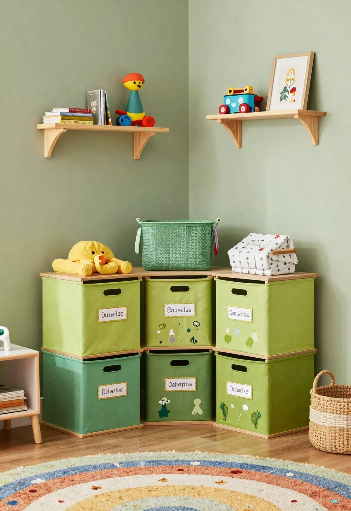 16 Sage Green Kids Bedroom Ideas for a Calm and Playful Style - 8. Colorful Storage Solutions 1