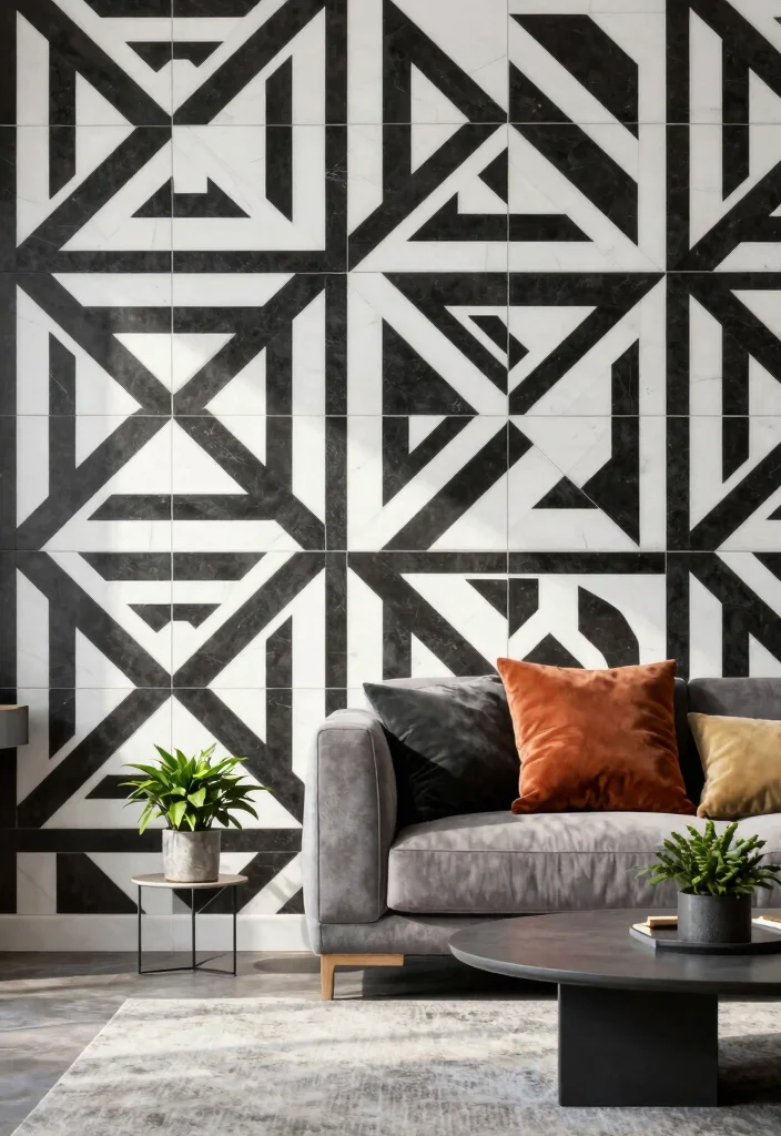 16 Tiled Walls Living Room Ideas: Durable & Stylish Finishes - 1. Bold Geometric Patterns 1