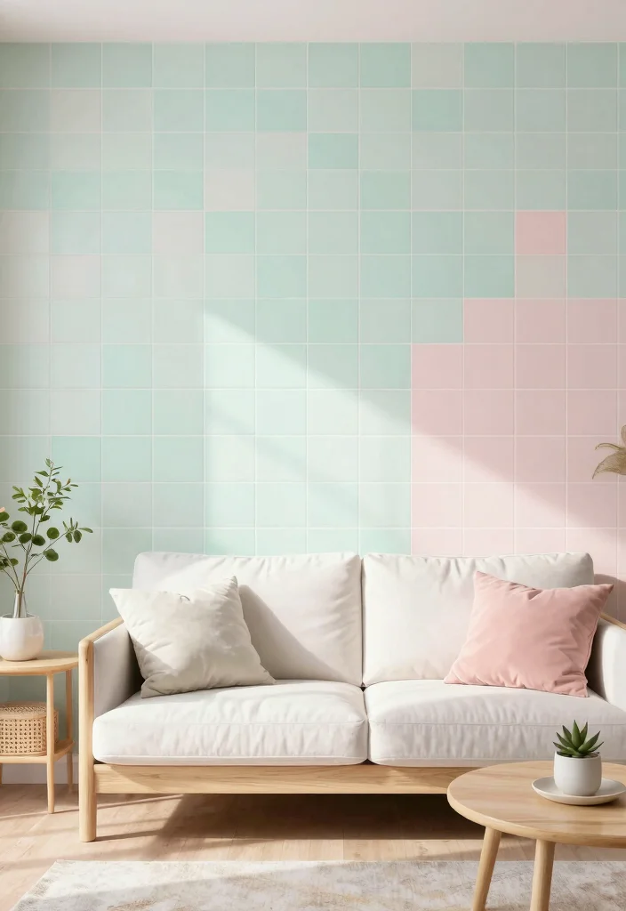 16 Tiled Walls Living Room Ideas: Durable & Stylish Finishes - 11. Soft Pastel Tiles 1