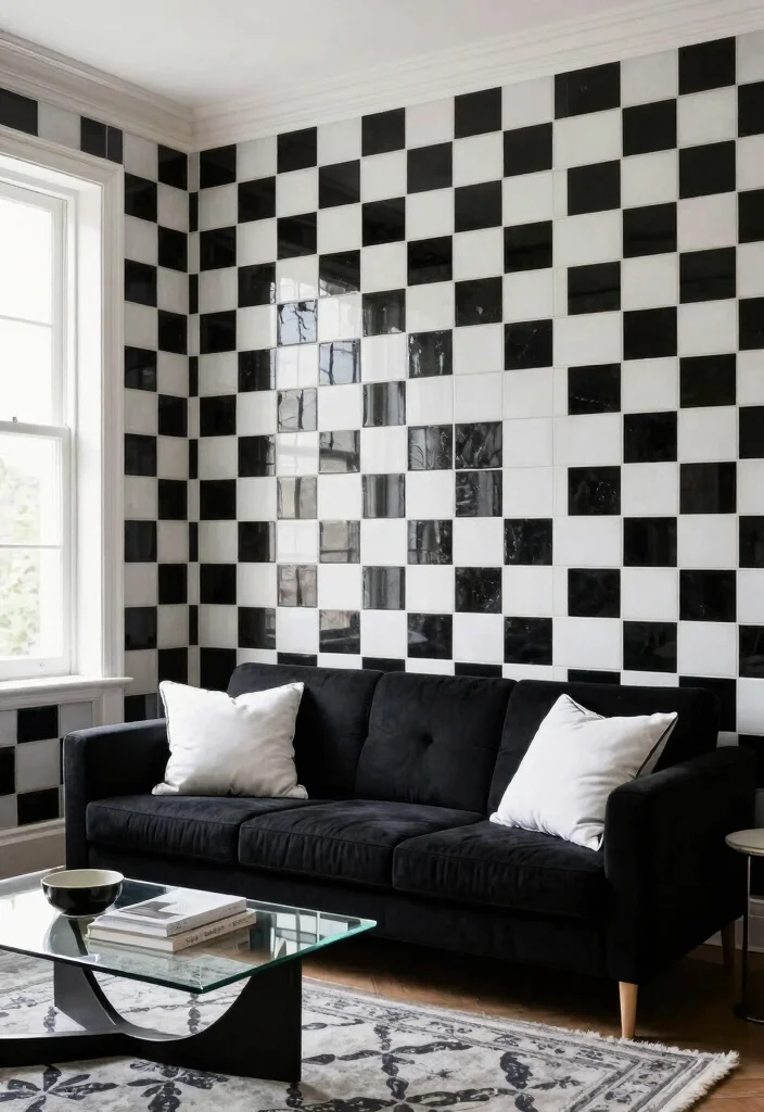 16 Tiled Walls Living Room Ideas: Durable & Stylish Finishes - 12. Classic Black and White 1