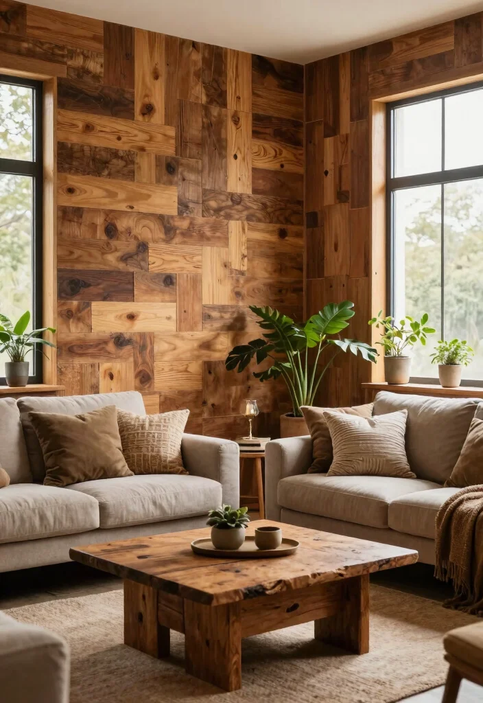 16 Tiled Walls Living Room Ideas: Durable & Stylish Finishes - 15. Reclaimed Wood Tiles 1