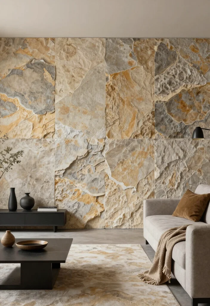 16 Tiled Walls Living Room Ideas: Durable & Stylish Finishes - 16. Split Face Stone Tiles 1