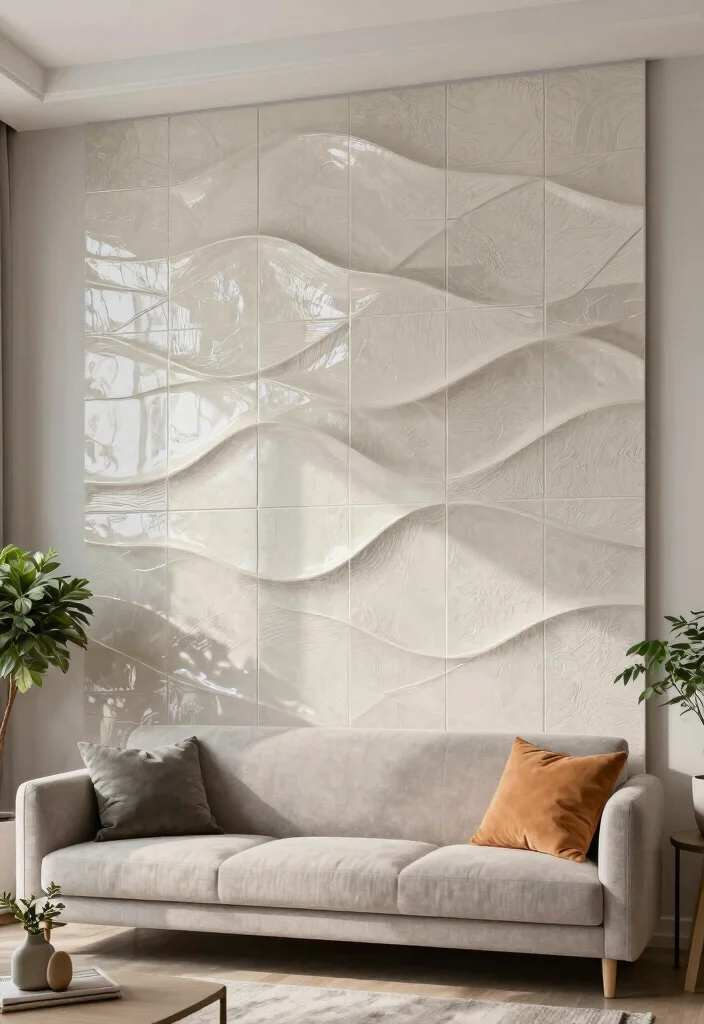 16 Tiled Walls Living Room Ideas: Durable & Stylish Finishes - 4. Textured 3D Wall Tiles 1