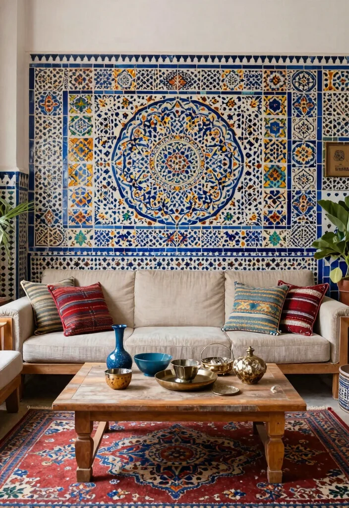 16 Tiled Walls Living Room Ideas: Durable & Stylish Finishes - 6. Colorful Moroccan Tiles 1