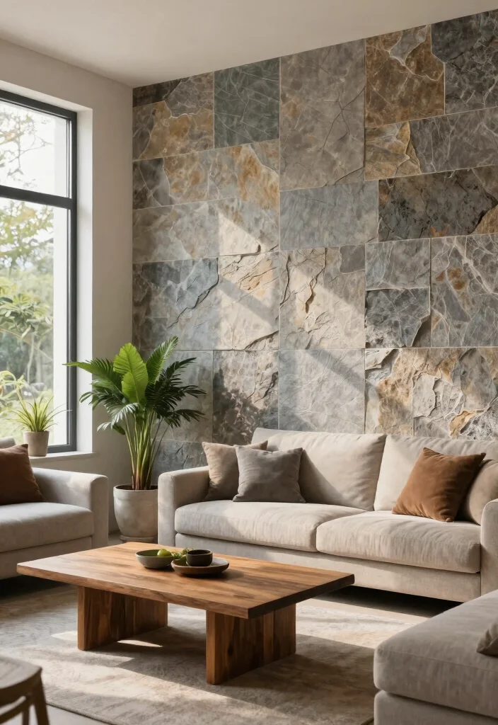 16 Tiled Walls Living Room Ideas: Durable & Stylish Finishes - 7. Natural Stone Tiles 1