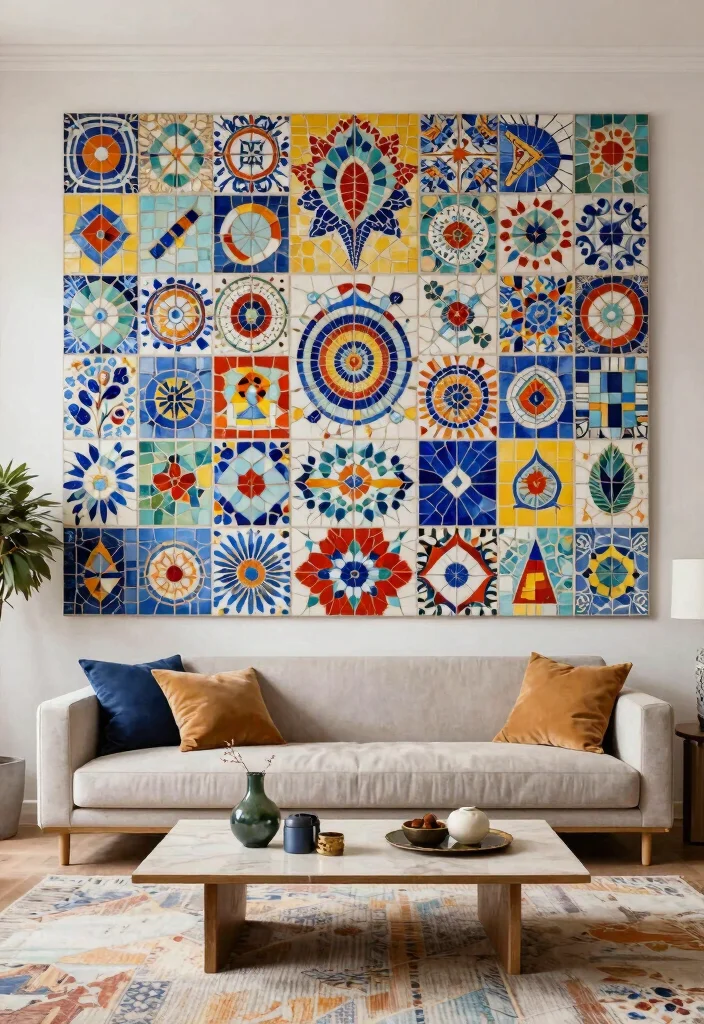 16 Tiled Walls Living Room Ideas: Durable & Stylish Finishes - 8. Artistic Mosaics 1