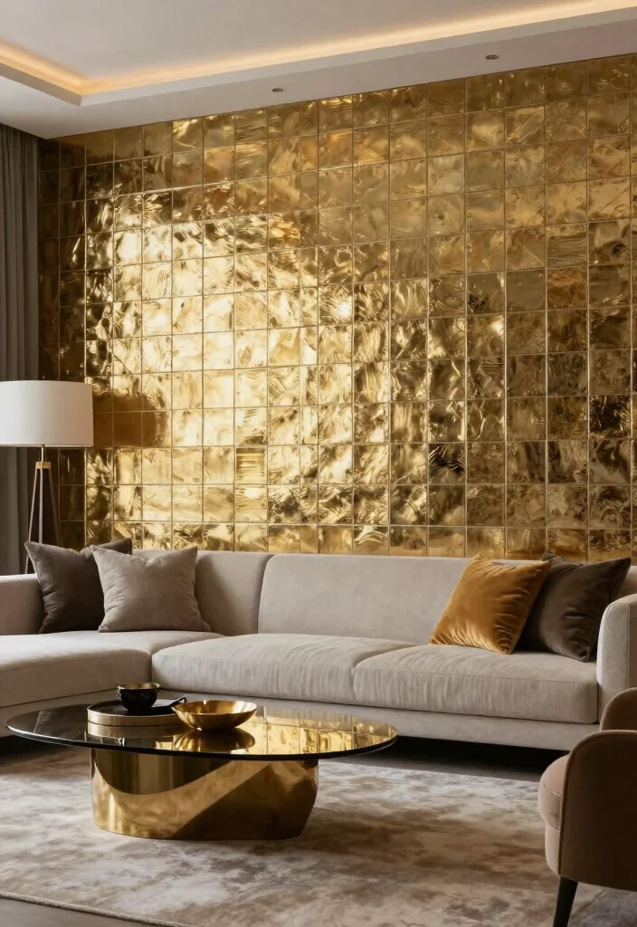 16 Tiled Walls Living Room Ideas: Durable & Stylish Finishes - 9. Chic Metallic Tiles 1