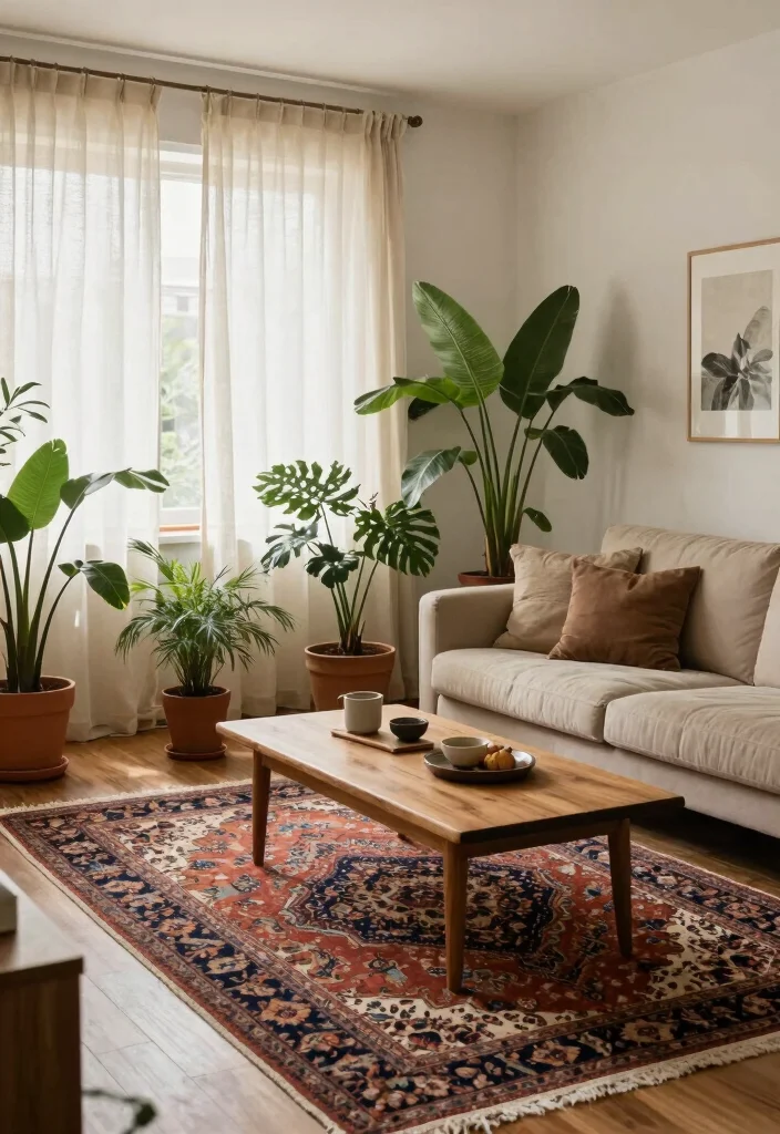 16 Traditional Rugs in Living Room Ideas for Classic Warmth - 12. Incorporate Natural Elements 1