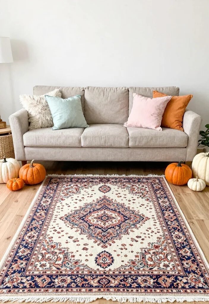 16 Traditional Rugs in Living Room Ideas for Classic Warmth - 15. Refresh with Seasonal Decor 1
