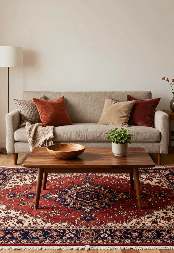 16 Traditional Rugs in Living Room Ideas for Classic Warmth - 6. Accessorize Thoughtfully 1