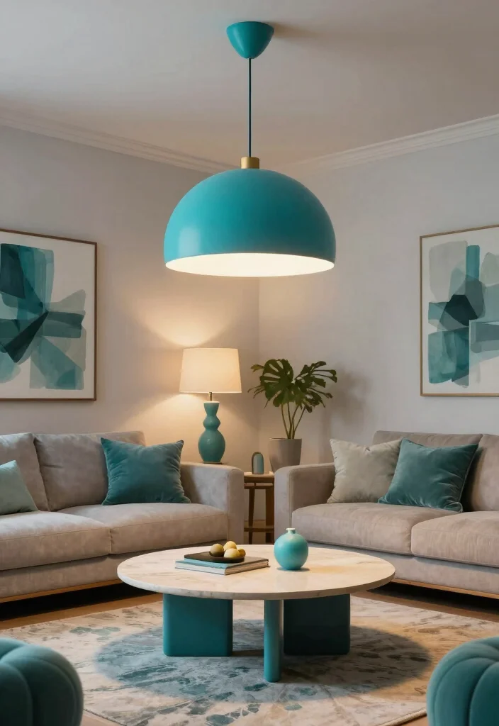 16 Turquoise Living Room Decor Ideas Fresh Vibrant Style - 10. Turquoise Statement Lighting 1