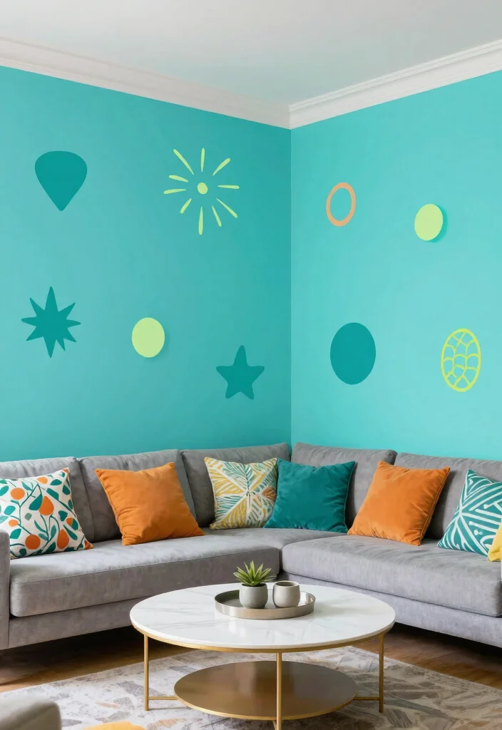 16 Turquoise Living Room Decor Ideas Fresh Vibrant Style - 13. Turquoise Wall Decals 1
