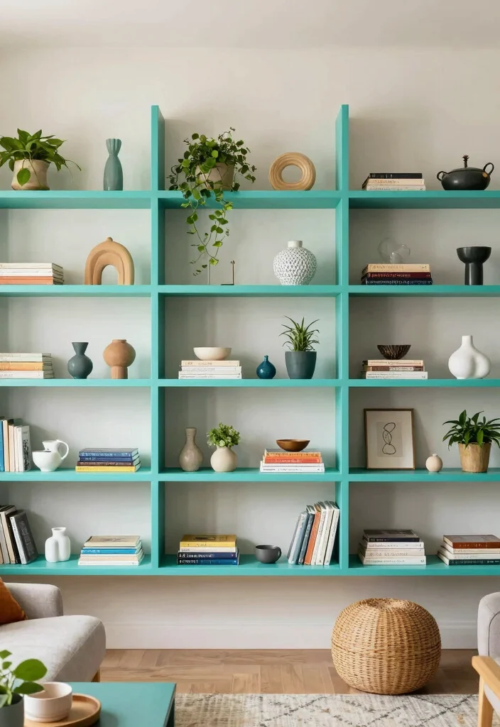 16 Turquoise Living Room Decor Ideas Fresh Vibrant Style - 9. Turquoise Wall Shelves 1
