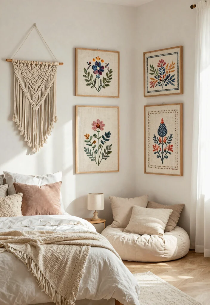 16 Wall Prints Aesthetic Bedroom Ideas for an Artistic Cozy Feel - 10. Textured Fabric Prints 1