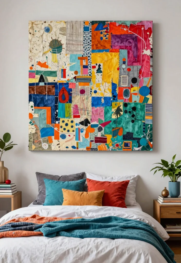 16 Wall Prints Aesthetic Bedroom Ideas for an Artistic Cozy Feel - 15. Mixed Media Art 1