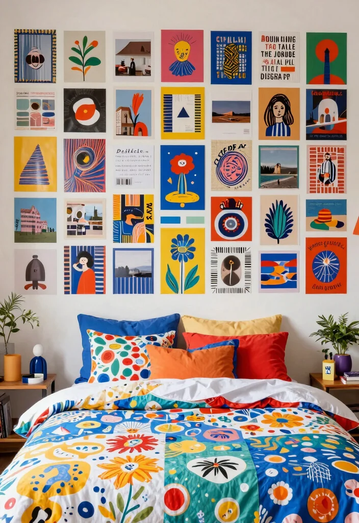 16 Wall Prints Aesthetic Bedroom Ideas for an Artistic Cozy Feel - 9. Colorful Collages 1