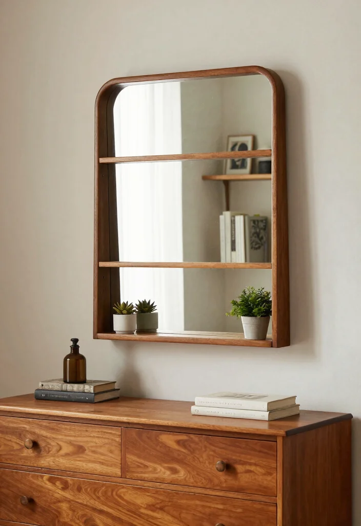 17 Bedroom Wall Mirror Ideas: Reflective Stylish Decor - 12. Vintage Mirror with Shelves 1