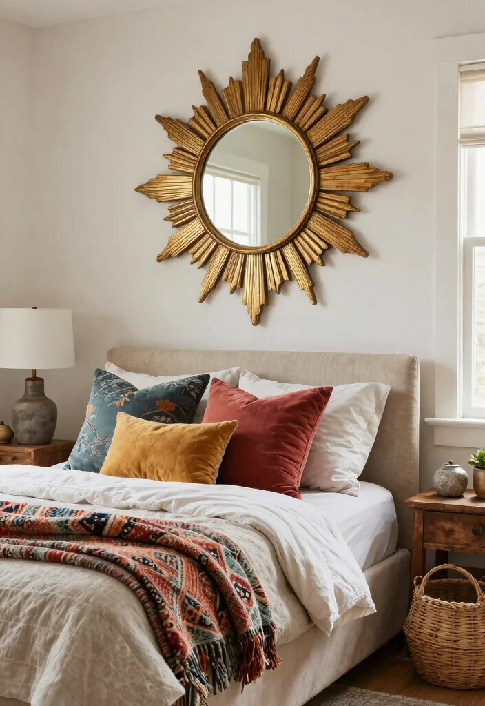 17 Bedroom Wall Mirror Ideas: Reflective Stylish Decor - 4. Vintage Sunburst Mirrors 1