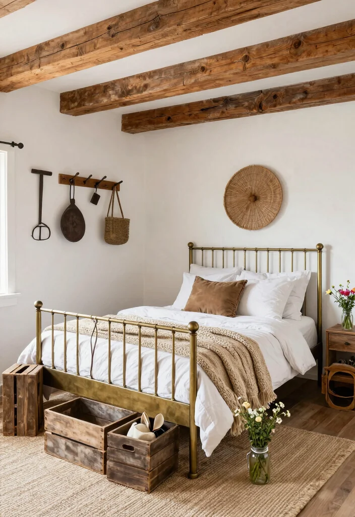17 Brass Bed Bedroom Ideas for Vintage Luxe Appeal - 10. Farmhouse Chic with Brass Accents 1