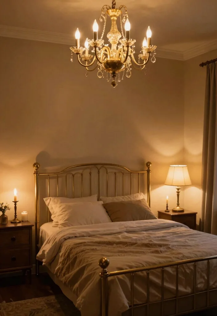 17 Brass Bed Bedroom Ideas for Vintage Luxe Appeal - 14. Romantic Lighting Choices 1
