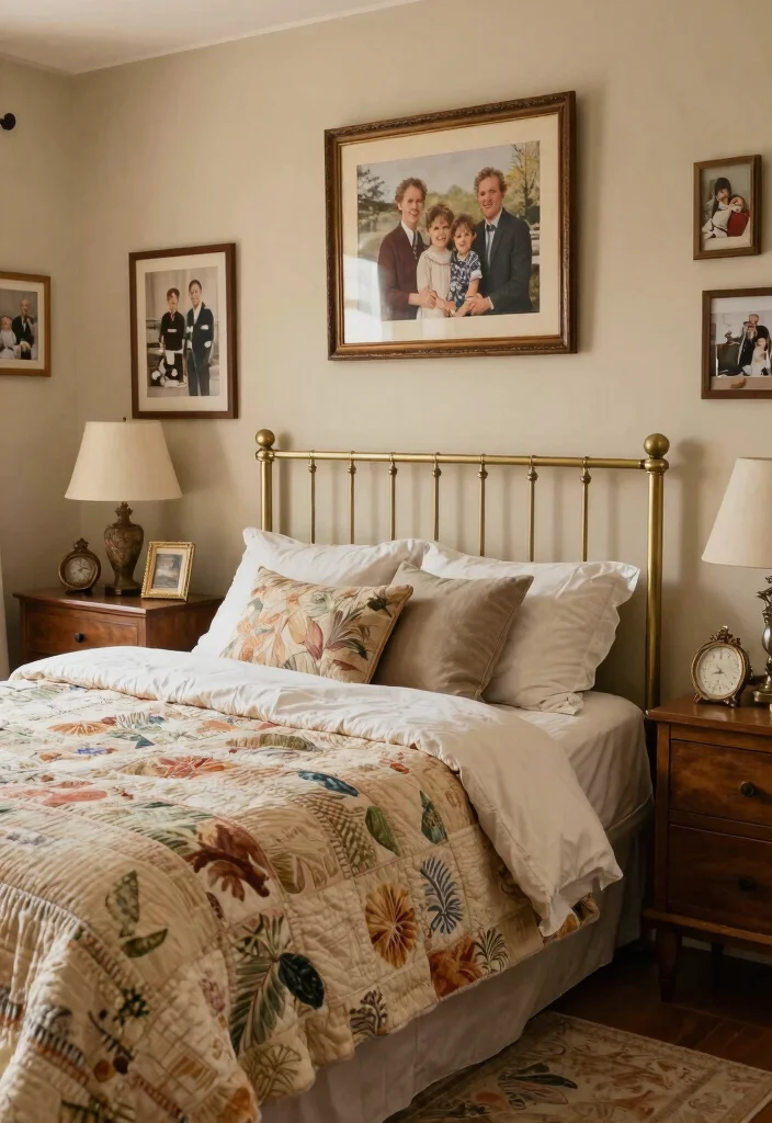17 Brass Bed Bedroom Ideas for Vintage Luxe Appeal - 17. Personal Touches with Family Heirlooms 1