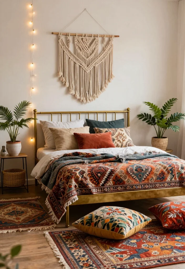 17 Brass Bed Bedroom Ideas for Vintage Luxe Appeal - 3. Bohemian Vibes with Textiles 1