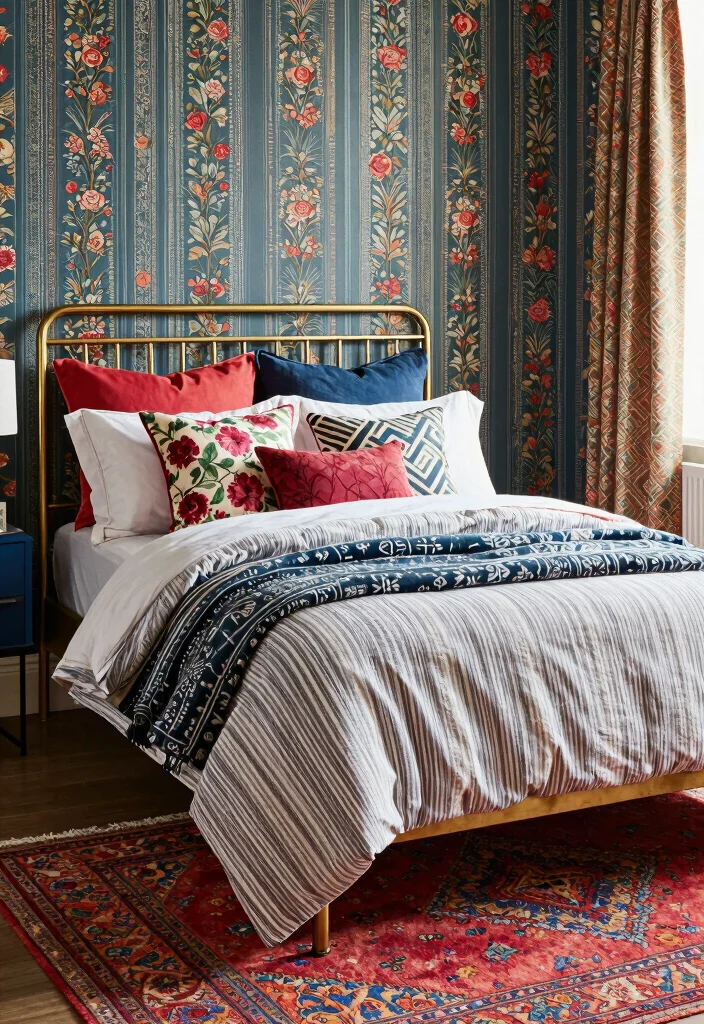 17 Brass Bed Bedroom Ideas for Vintage Luxe Appeal - 6. Patterns and Prints Fusion 1