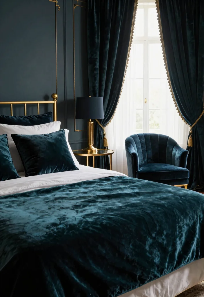 17 Brass Bed Bedroom Ideas for Vintage Luxe Appeal - 7. Luxurious Velvet Touches 1