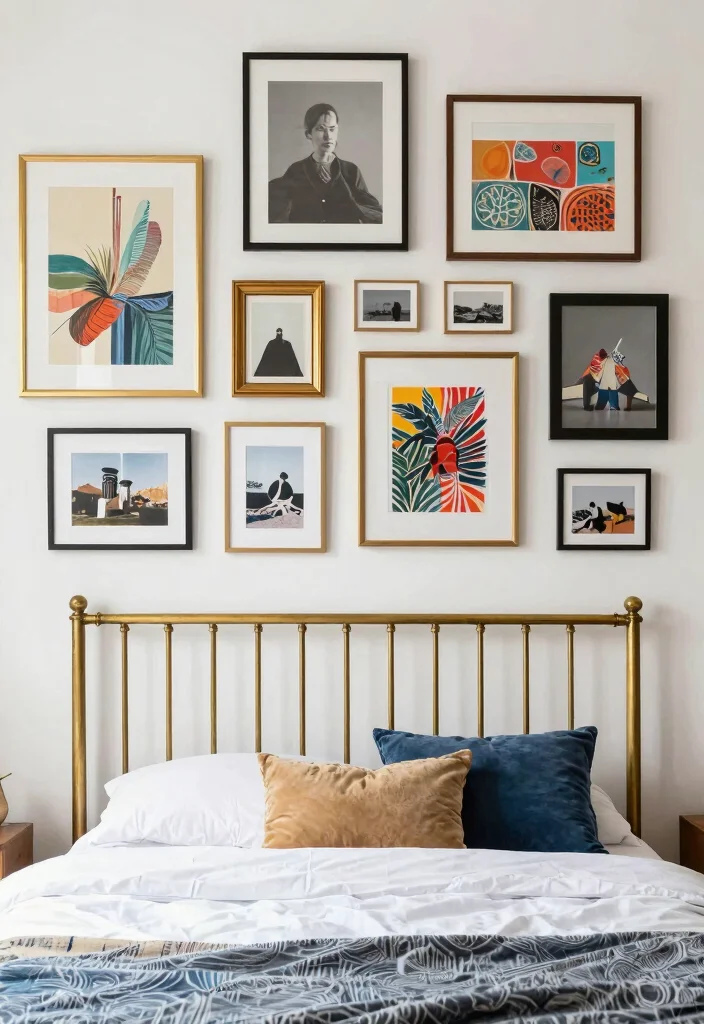 17 Brass Bed Bedroom Ideas for Vintage Luxe Appeal - 8. Eclectic Gallery Wall 1