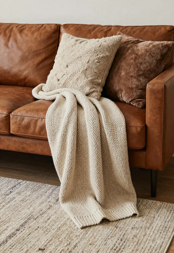 17 Brown Leather Sofa Living Room Ideas for a Timeless Masculine Look - 13. Textured Accents 1
